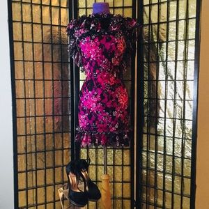 Evetevan Lace Printed Dress on Hot Pink